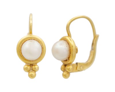 Lot 109 - A pair of 22k gold and cultured pearl earrings.