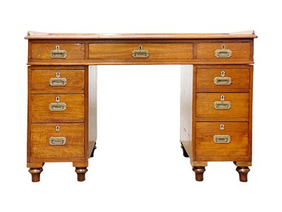 Lot 908 - A Victorian campaign type teak pedestal desk.
