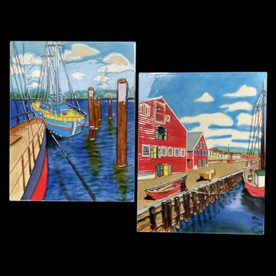 Lot 97 - Two hand-painted ceramic tiles depicting...