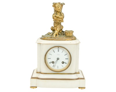 Lot 901 - A French white marble and ormolu mantel clock.