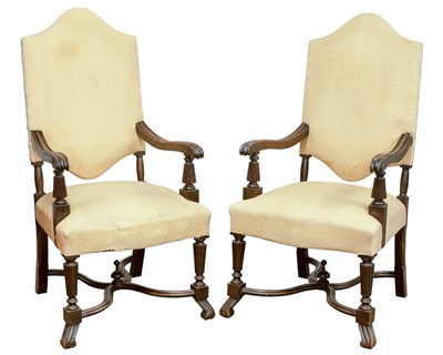 Lot 936 - A pair of Carolean style mahogany framed throne chairs.
