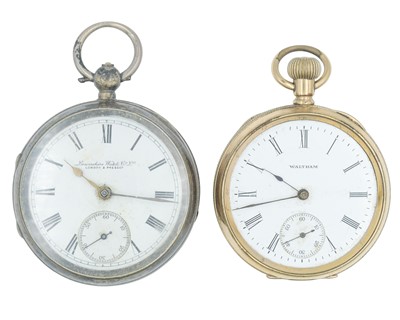 Lot 1087 - WALTHAM - A Traveler gold-plated keyless wind pocket watch, and a silver-cased key wind pocket watch.