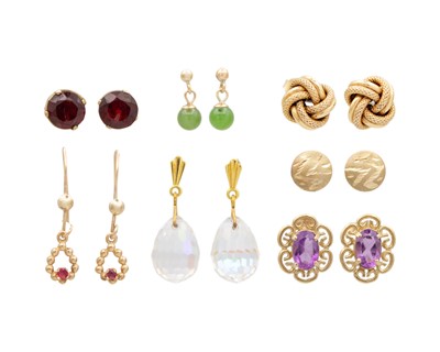 Lot 128 - A selection of seven pairs of 9k gold earrings.