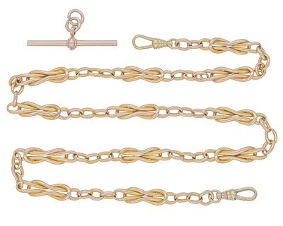 Lot 1124 - A gold fancy knot link double Albert watch chain, with a separate T-bar.