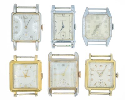 Lot 1142 - A selection of six Art Deco manual wind gentleman's wristwatches.