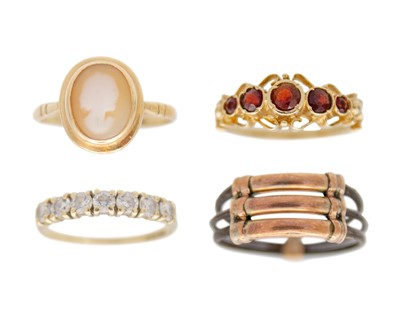 Lot 134 - A selection of four 9k gold rings.