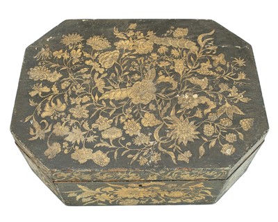 Lot 15 - A black painted pen work casket.