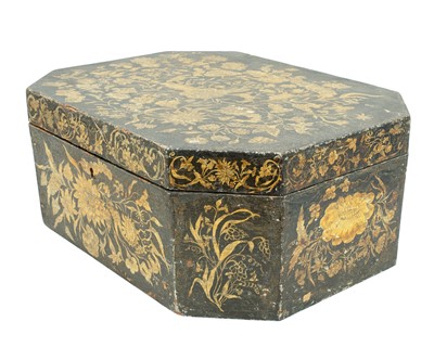 Lot 15 - A black painted pen work casket.