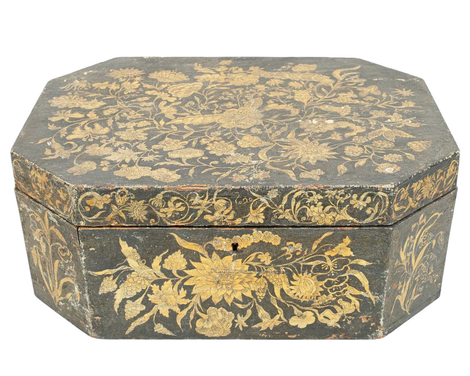 Lot 15 - A black painted pen work casket.