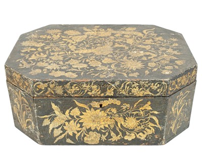 Lot 15 - A black painted pen work casket.