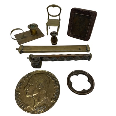 Lot 156 - Brass chamber stick, King of Spain plaque, a...