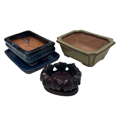 Lot 169 - Bonsai pots and a carved hardwood stand.