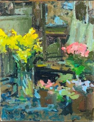 Lot 384 - Ken HOWARD RA Interior with Flowers Oil on...