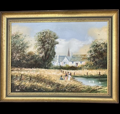 Lot 194 - A rural scene in acrylic on canvas, signed...