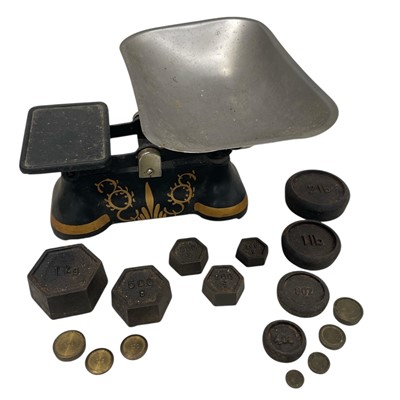 Lot 55 - Painted Kitchen Scales with two sets of...