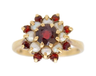 Lot 158 - A 9k gold garnet and split pearl cluster ring.