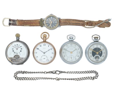 Lot 1140 - A selection of four keyless wind pocket watches, including a silver Albert chain and a Camel quartz wristwatch.