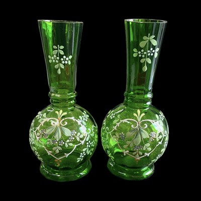 Lot 112 - Two Bohemian green glass hand-painted vases,...