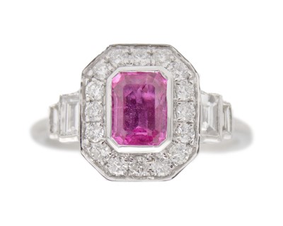 Lot 183 - An Art Deco-style platinum, pink sapphire and diamond dress ring.