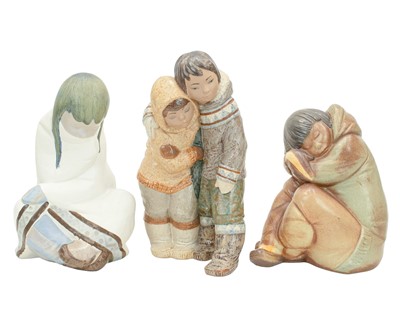 Lot 355 - Three large Lladro Gres sculptures of Inuit children designed by Juan Huerta.
