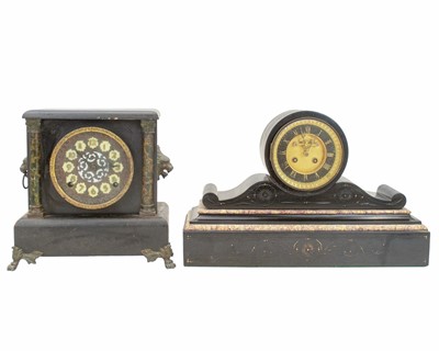 Lot 904 - A French slate and marble drumhead mantel clock.