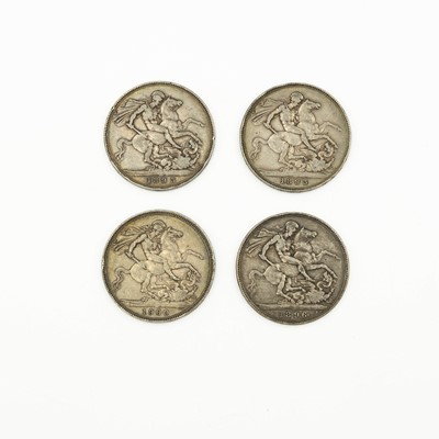 Lot 174 - GB - four Victoria old veiled bust silver crown coins.