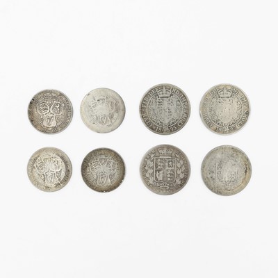Lot 179 - GB - Victoria silver coinage to include four silver half crowns, and four one Florin coins.