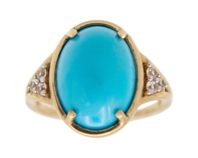 Lot 203 - A 9k gold, 'Sleeping Beauty' turquoise and zircon ring.