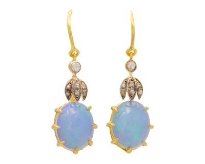 Lot 211 - A pair of silver gilt, opal and diamond pendant earrings.