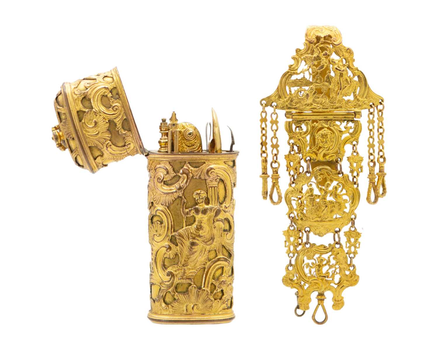 Lot 229 - A late 18th-century bronze ormolu etui and associated chatelaine.