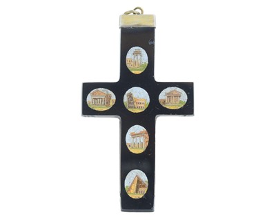 Lot 122 - An Italian antique Grand Tour micro mosaic cross pendant.