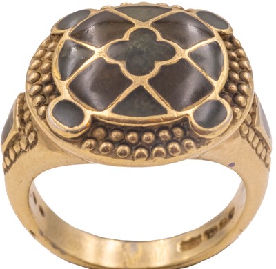 Lot 49 - A Celtic-style silver gilt and enamel signet ring.