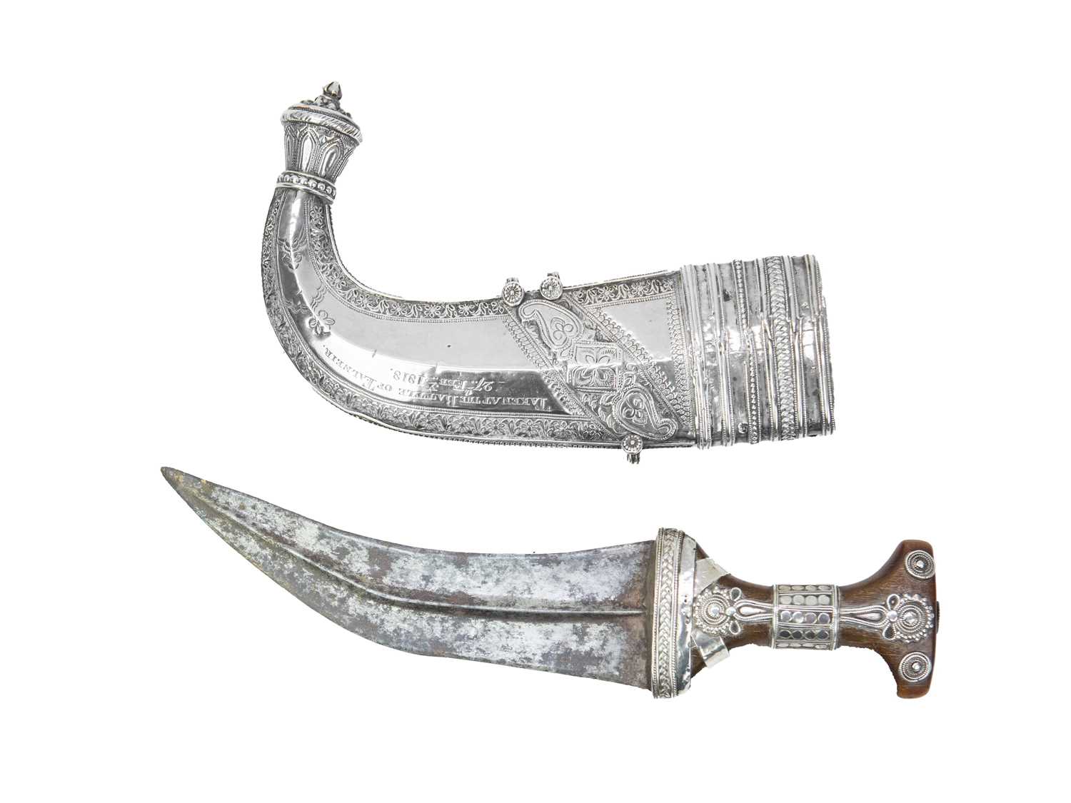 Lot 133 - A white metal Jambiya dagger with battle of Talnier 1818 provenance.