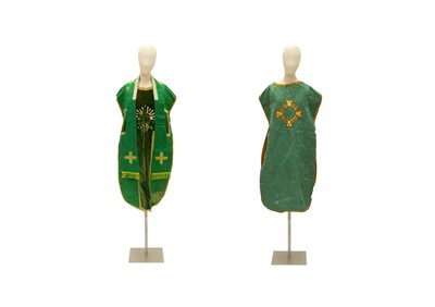 Lot 551 - Liturgical Vestments - a green velvet and brocade chasuble, with yellow border and lining.