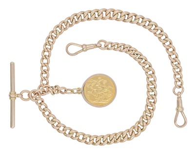 Lot 1097 - A 9k rose gold graduated curb link double Albert watch chain with sovereign coin fob.