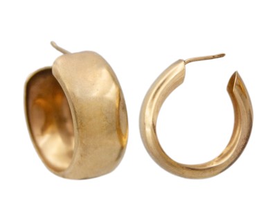 Lot 216 - A pair of 9k gold wide hoop earrings.