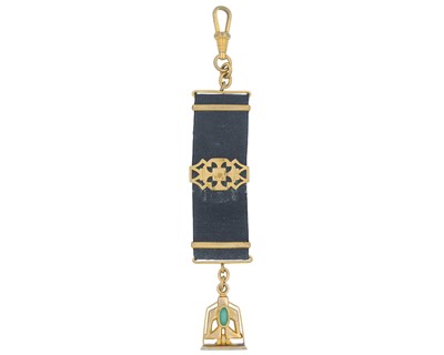 Lot 1098 - A Secessionist style gold-plated and black ribbon fob pendant.