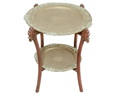 Lot 404 - Two Chinese engraved brass graduated trays/two tier table.