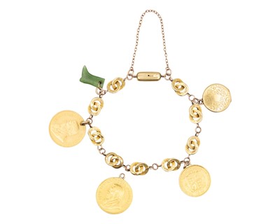 Lot 239 - A French charm bracelet with two Pond gold coins, a half sovereign, and a Victorian gold locket.