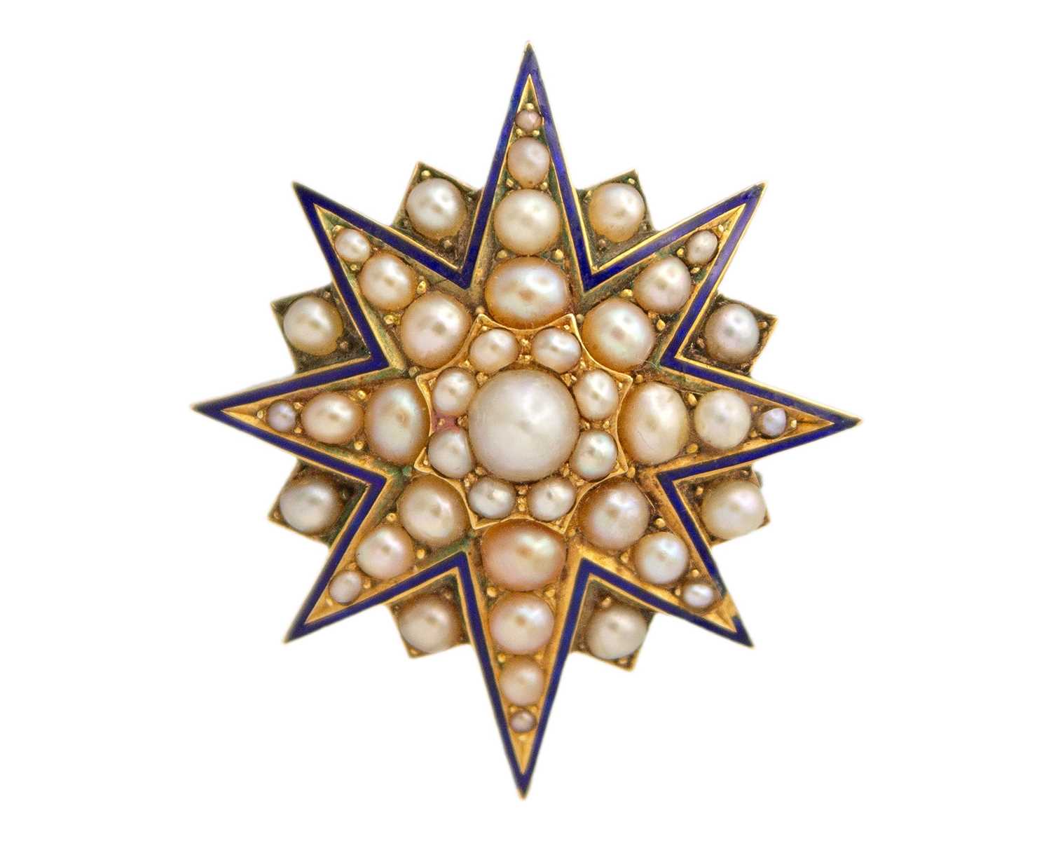 Lot 39 - A Victorian high-purity gold, enamel, and pearl set mourning star brooch.
