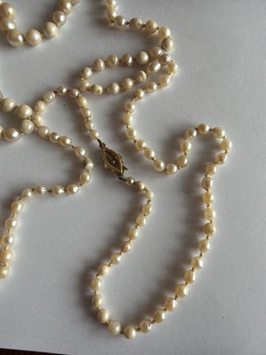 Lot 192 - A natural saltwater and cultured graduated pearl necklace, strung to a diamond clasp.