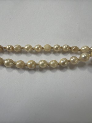 Lot 192 - A natural saltwater and cultured graduated pearl necklace, strung to a diamond clasp.