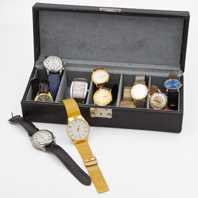 Lot 127 - A collection of gentleman's watches, mostly quartz, and a silver-cased half-hunter pocket watch.