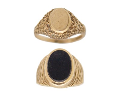 Lot 227 - Two 9k gold textured signet rings.