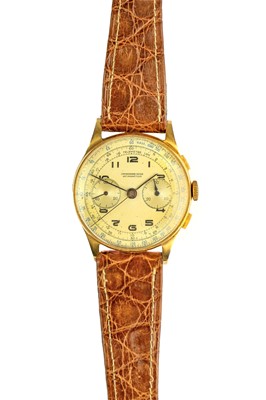 Lot 1014A - CHRONOGRAPHIE-SUISSE - A 1940's 18k gentleman's chronograph manual wind wristwatch.