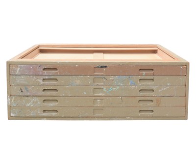 Lot 297 - A painted beech five drawer plan chest.