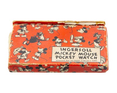 Lot 536 - INGERSOLL - A 1930's Mickey Mouse Walt Disney keyless wind pocket watch, within original box.