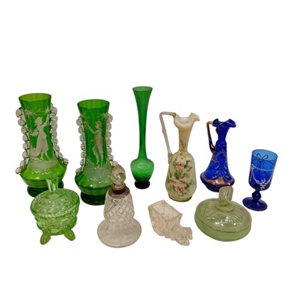 Lot 186 - Two Mary Gregory-style Green glass vases, a...