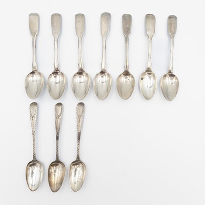 Lot 214 - A selection of silver teaspoons, including a George III set of five fiddle pattern spoons.