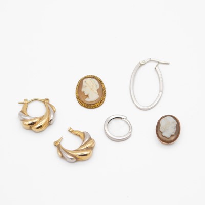 Lot 139 - A selection of 9k gold earrings, and two shell cameos, one rose gold mounted.